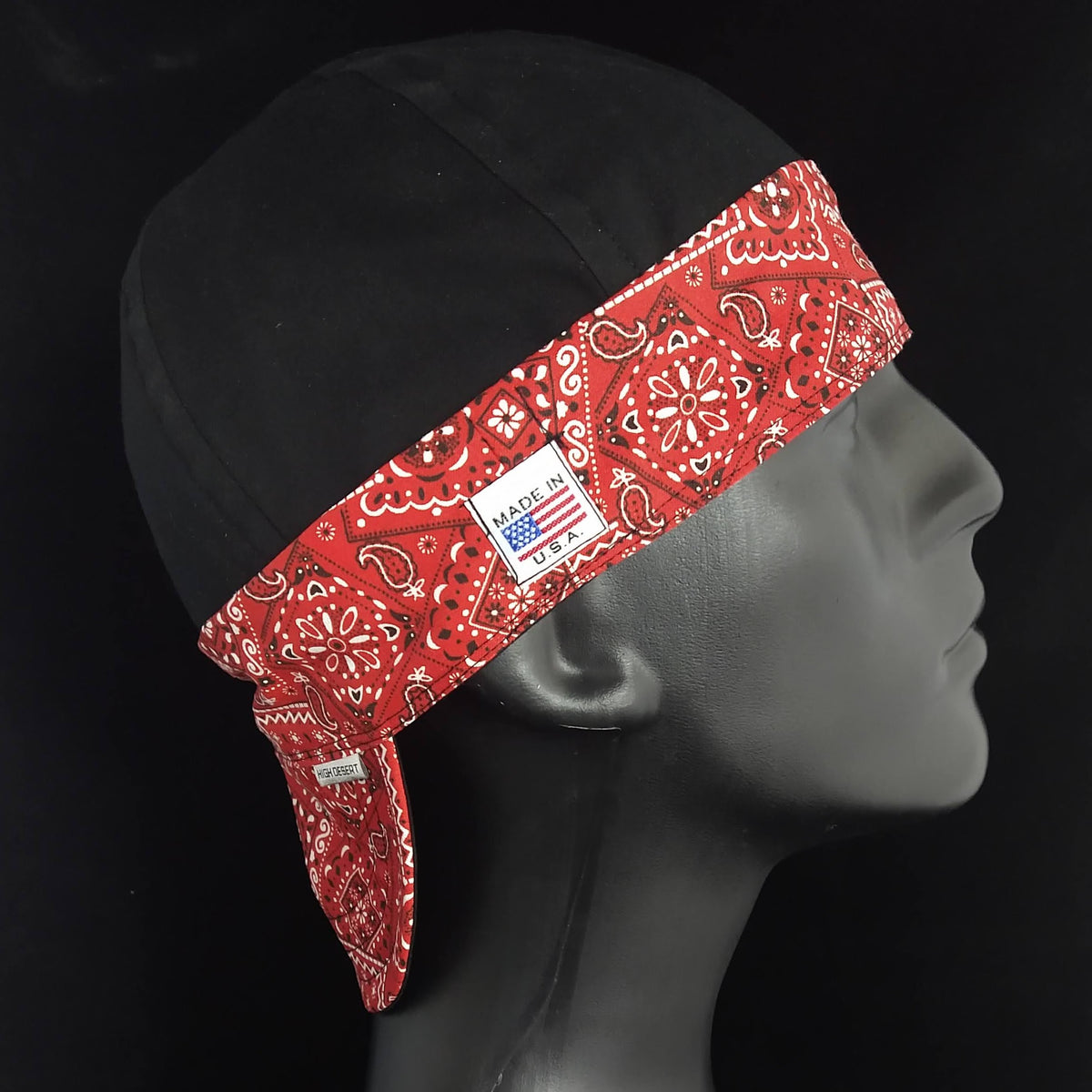 Side view of the Bandanna 2 Tone Welding Cap — shown in black with red bandanna trim and black with red bandanna trim — handcrafted by HD Welding Hats.