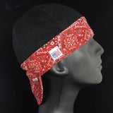 Side view of the Bandanna 2 Tone Welding Cap — shown in black with red bandanna trim and black with red bandanna trim — handcrafted by HD Welding Hats.
