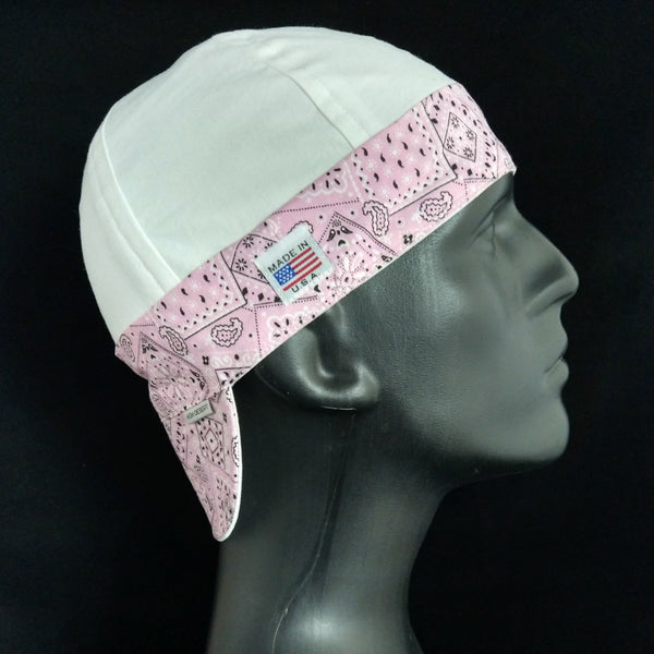 Side view of the Bandanna 2 Tone Welding Cap — shown in white with pink bandanna trim and black with red bandanna trim — handcrafted by HD Welding Hats.