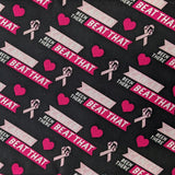 Fabric for the Been There Beat That Welding Cap featuring pink hearts, awareness ribbons, and “Cancer – Been There Beat That” text on a black background — handcrafted by HD Welding Hats.