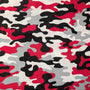 Fabric for the Black & Red Camo Welding Cap featuring a red, black, gray, and white camouflage pattern — handcrafted by HD Welding Hats.