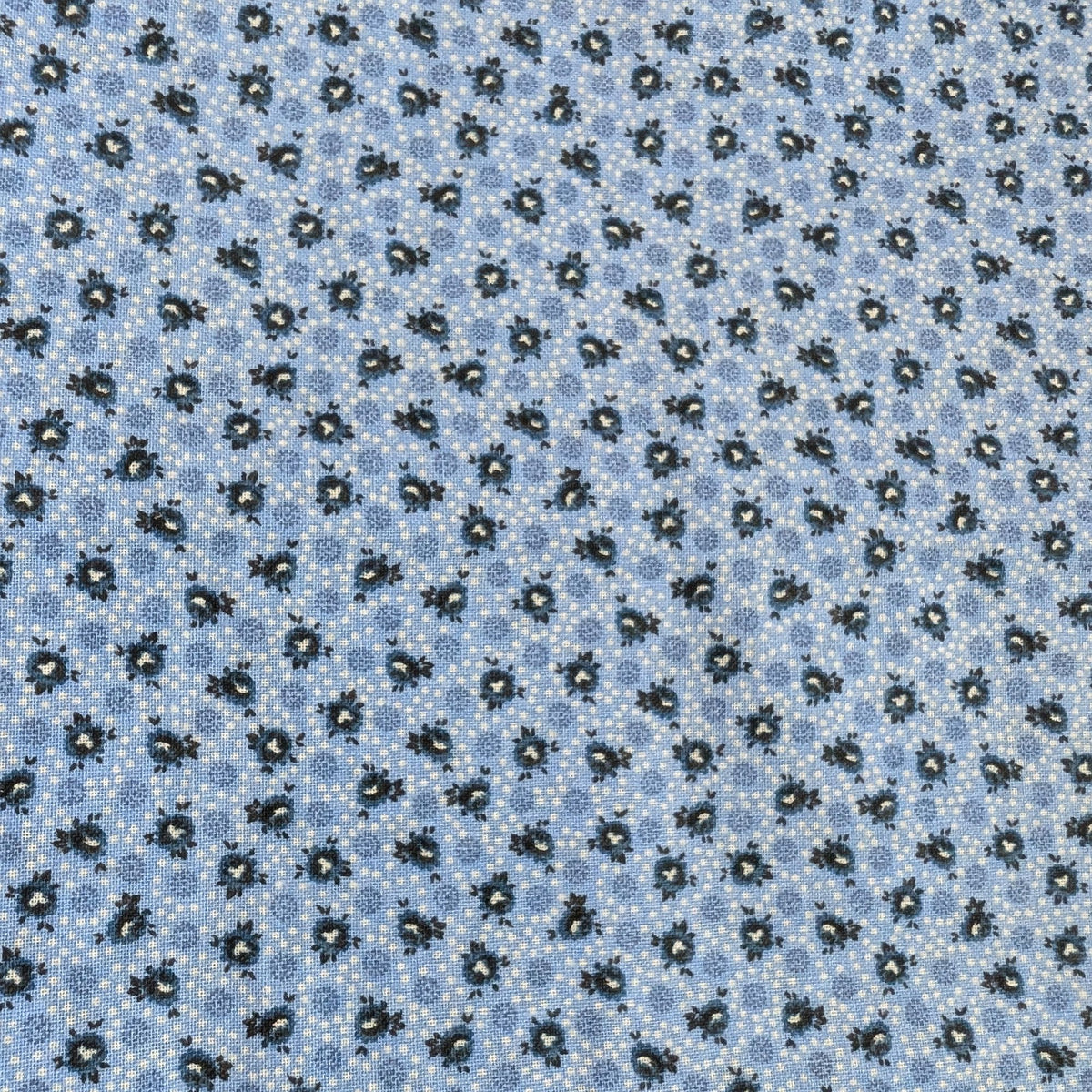 Close-up of the Blue Calico Welding Cap fabric featuring small black floral designs on a blue background — handcrafted by HD Welding Hats.