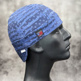 Side view of the Blue Distressed Flag Welding Hat with a weathered blue American flag design — handcrafted by HD Welding Hats.