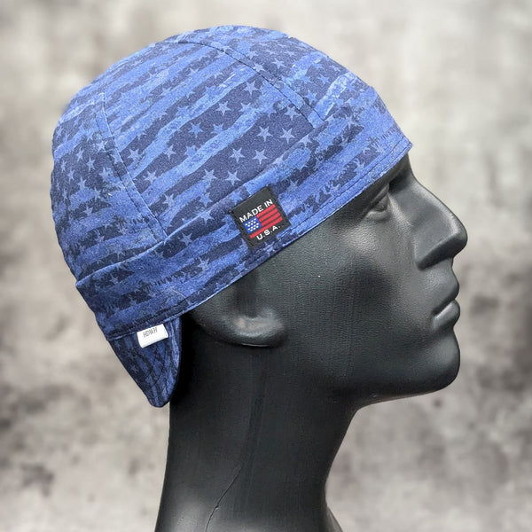 Side view of the Blue Distressed Flag Welding Hat with a weathered blue American flag design — handcrafted by HD Welding Hats.