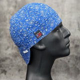 Side view of the Blue Paisley Bandanna Welding Cap with a classic blue and white paisley pattern — handcrafted by HD Welding Hats.