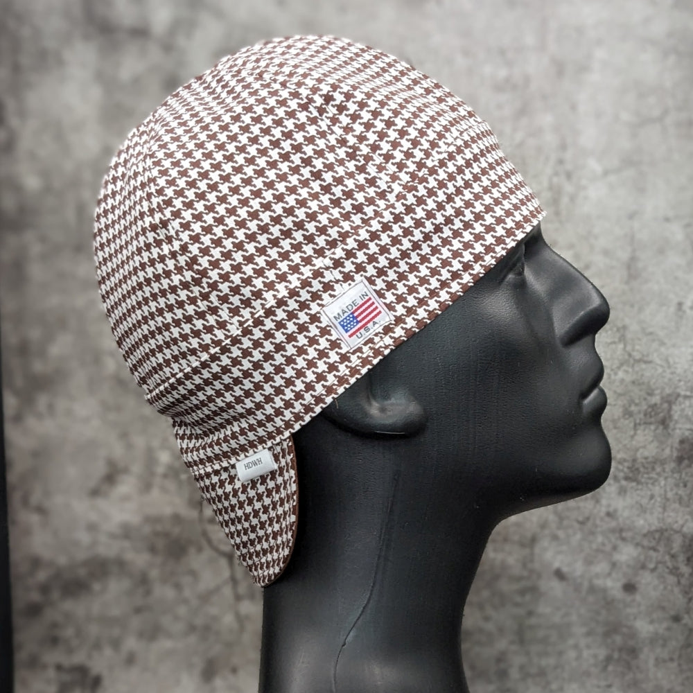 Side view of the Brown Houndstooth Welding Cap featuring a brown and white houndstooth pattern — handcrafted by HD Welding Hats in the USA.