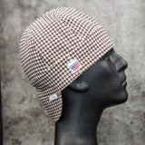 Side view of the Brown Houndstooth Welding Cap featuring a brown and white houndstooth pattern — handcrafted by HD Welding Hats in the USA.