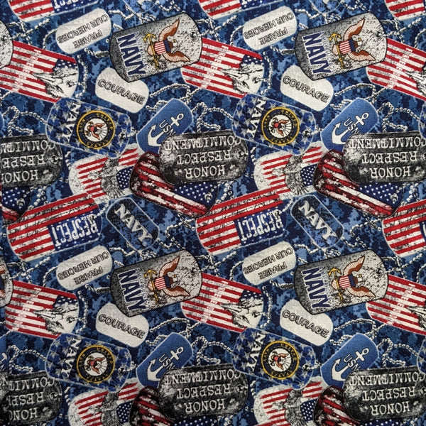 Dog Tags Navy Welding Hat fabric featuring U.S. Navy emblems, dog tags, anchors, and flags, handcrafted in the USA by HD Welding Hats.