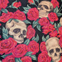 Eternity Welding Cap fabric featuring detailed skulls and red roses on a black background, used for HD Welding Hats handmade caps.