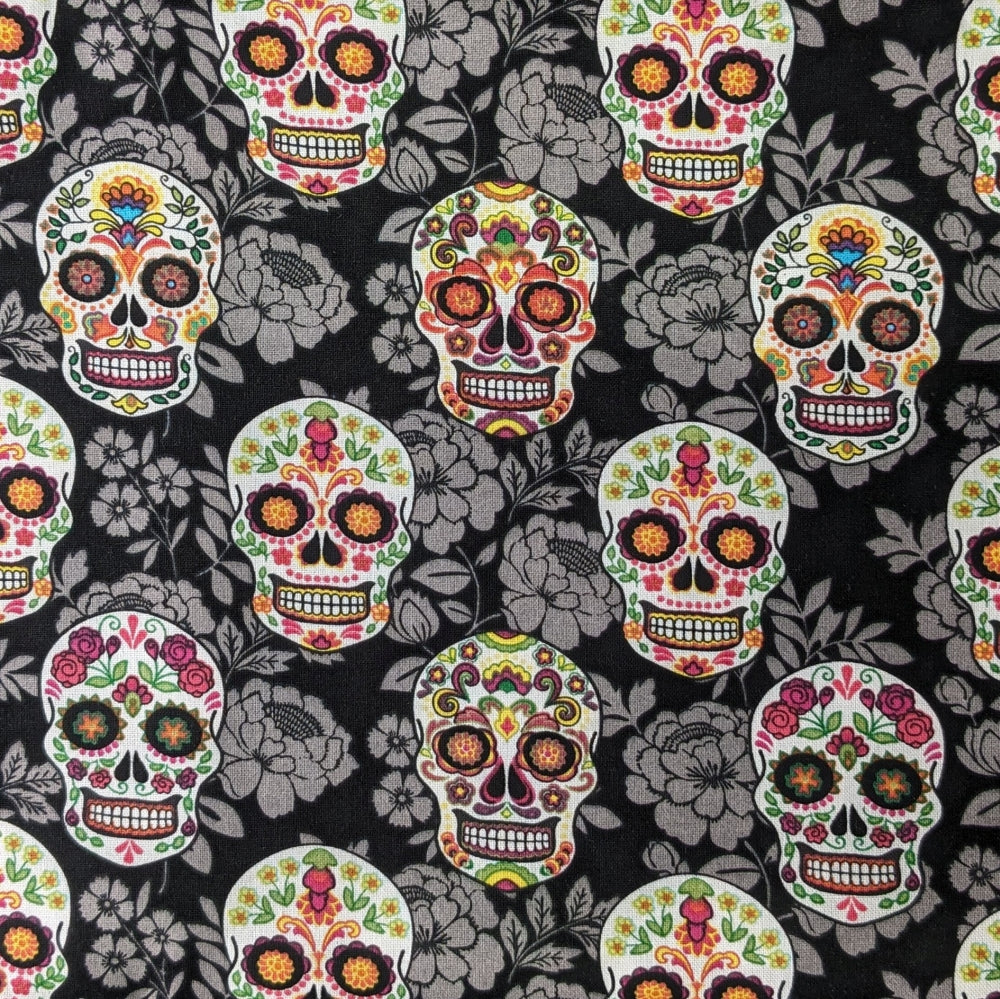 Floral Sugar Skulls Welding Cap fabric featuring colorful sugar skulls and gray floral background on black cotton, used for handcrafted HD Welding Hats.