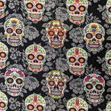 Floral Sugar Skulls Welding Cap fabric featuring colorful sugar skulls and gray floral background on black cotton, used for handcrafted HD Welding Hats.