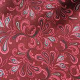 Frontier Paisley Christmas Welding Cap – red cotton welding hat with pink and teal paisley print and FR denim brim, handmade in the USA by HD Welding Hats.