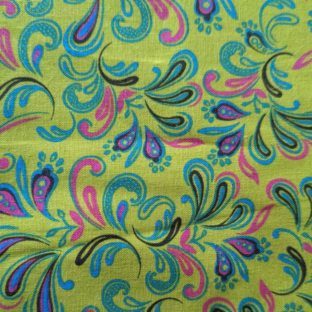 Frontier Paisley Lime Welding Hat – lime green cotton welding hat with turquoise, magenta, and black paisley print and FR denim brim, handmade in the USA by HD Welding Hats.