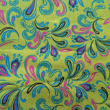 Frontier Paisley Lime Welding Hat – lime green cotton welding hat with turquoise, magenta, and black paisley print and FR denim brim, handmade in the USA by HD Welding Hats.