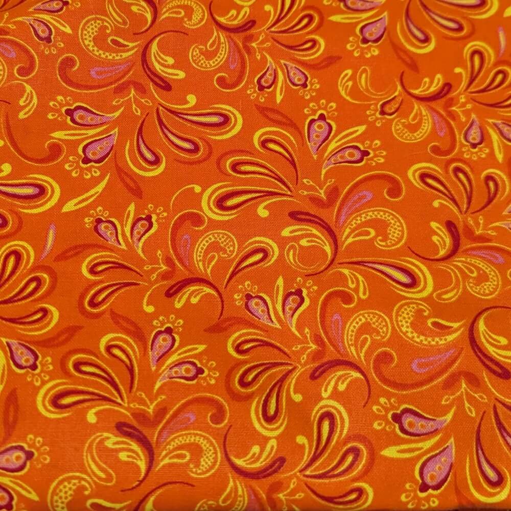 Frontier Paisley Orange Welding Hat – orange cotton welding hat with gold, violet, and red paisley print and FR denim brim, handmade in the USA by HD Welding Hats.