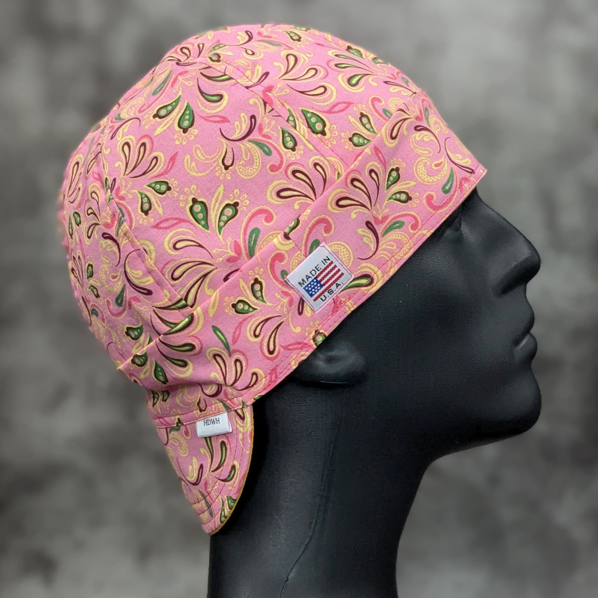 Frontier Paisley Strawberry Sundae Welding Cap – pink paisley cotton welding hat with FR denim brim, handmade in the USA by HD Welding Hats.