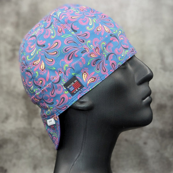 Frontier Paisley Blackberry Welding Cap – blue and pink paisley cotton welding hat with FR denim brim, handmade in the USA by HD Welding Hats.