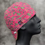 Frontier Paisley Fuchsia Welding Cap – pink fuchsia cotton welding hat with green and gold paisley print and FR denim brim, handmade in the USA by HD Welding Hats.