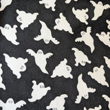 Ghosts Welding Cap fabric featuring white cartoon-style ghosts on a black background, handcrafted by HD Welding Hats with FR denim brim.