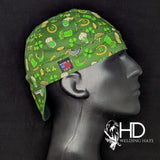Good Luck Welding Cap with green shamrock, horseshoe, and leprechaun hat print, handmade by HD Welding Hats with a fire-resistant denim brim.