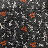 Grateful Dead Welding Cap with black fabric featuring dancing skeletons and orange lettering, handmade by HD Welding Hats with FR denim brim.