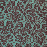 Green Damask Welding Hat fabric featuring maroon damask floral pattern on green cotton, handcrafted by HD Welding Hats with FR denim brim, Made in USA.