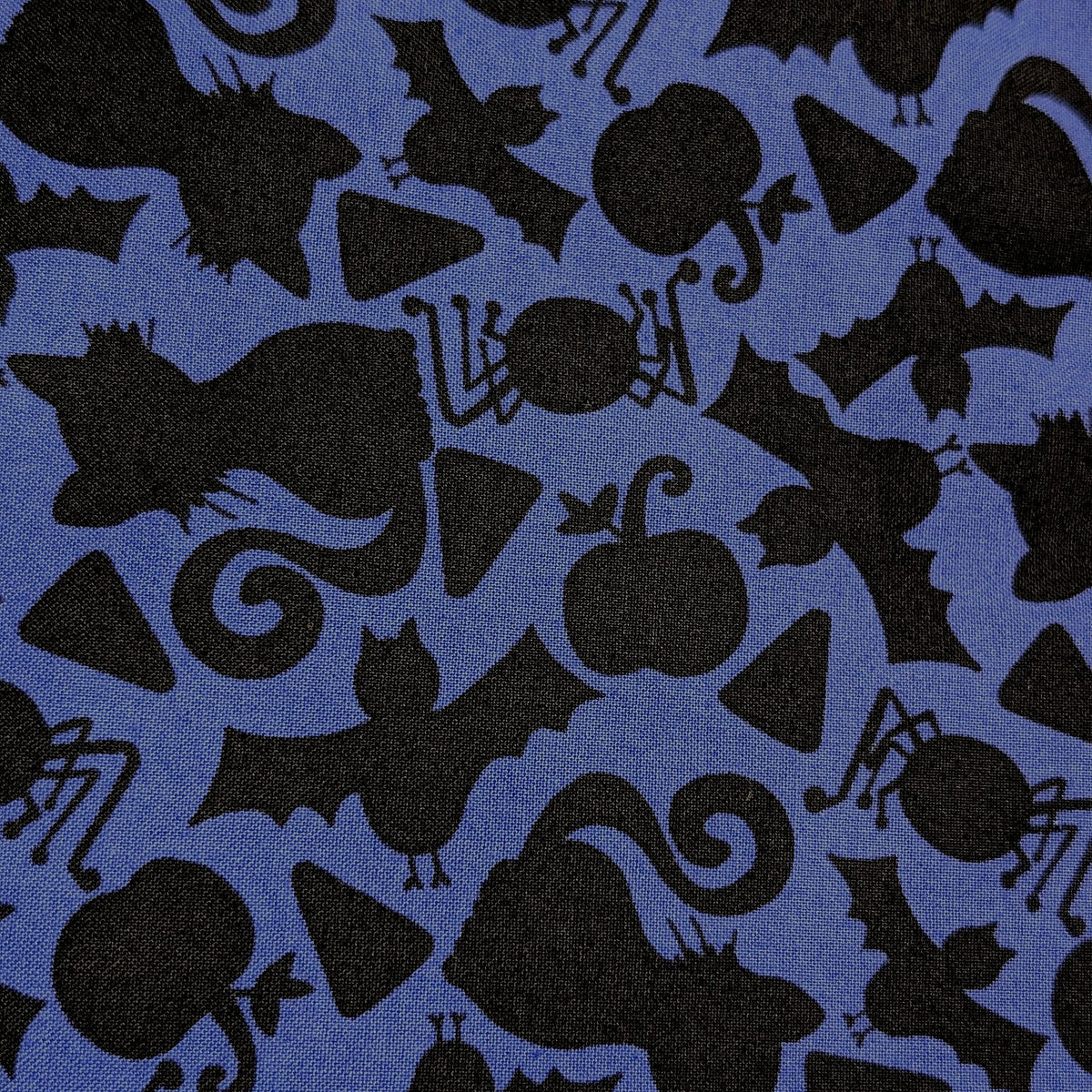Halloween Silhouette Welding Cap fabric with black bats, cats, pumpkins, and spiders on violet-blue cotton, handmade by HD Welding Hats.