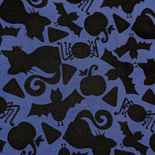 Halloween Silhouette Welding Cap fabric with black bats, cats, pumpkins, and spiders on violet-blue cotton, handmade by HD Welding Hats.