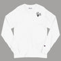 White HD Logo Men’s Champion Long Sleeve Tee featuring HD Welding Hats logo on chest and Champion “C” patch on left sleeve.