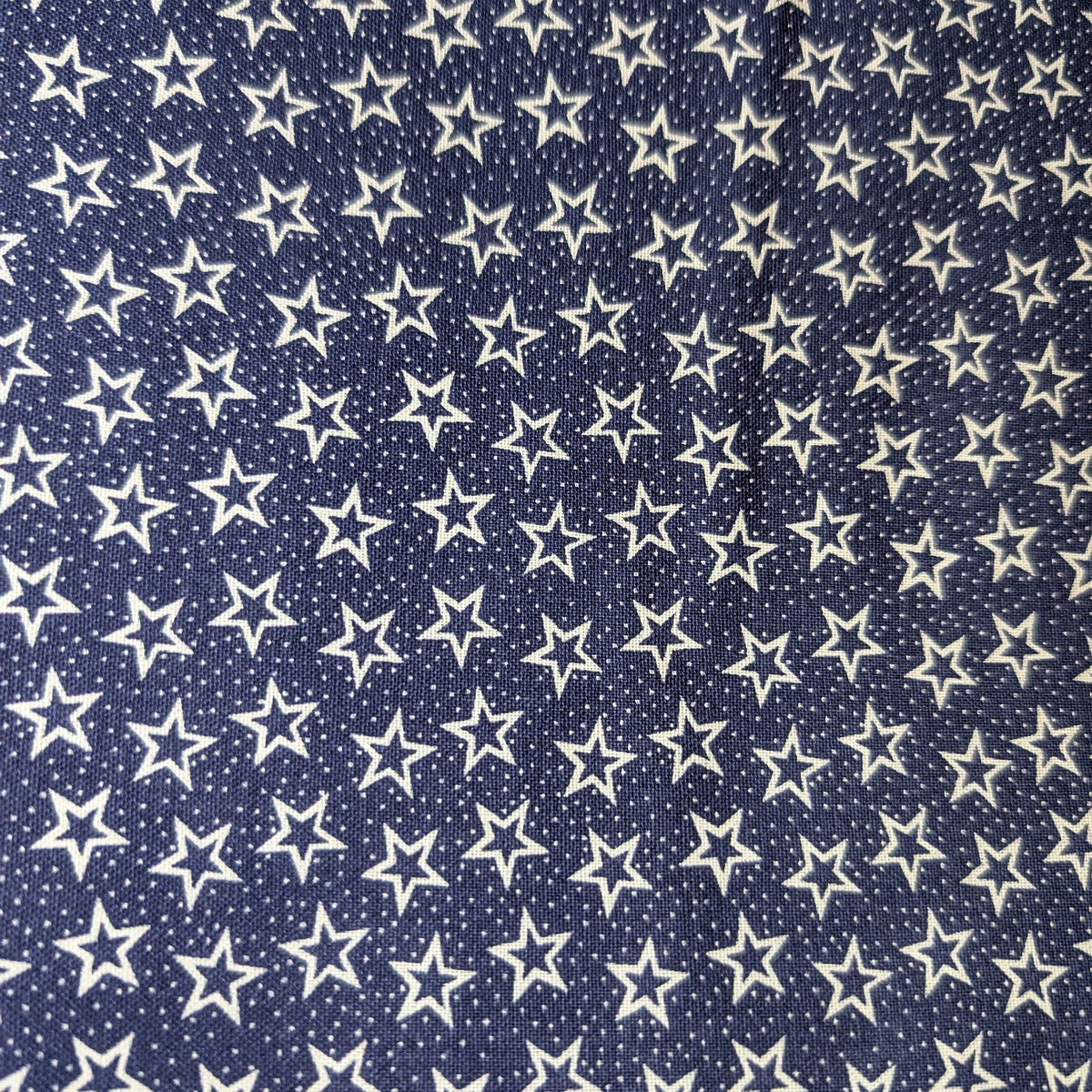 Just Stars Welding Cap fabric featuring white stars on a navy blue cotton background, handcrafted by HD Welding Hats with FR denim brim.