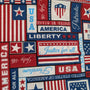 Red, white, and blue fabric with patriotic words and stars — used for HD Welding Hats Liberty Welding Cap, Made in the USA.