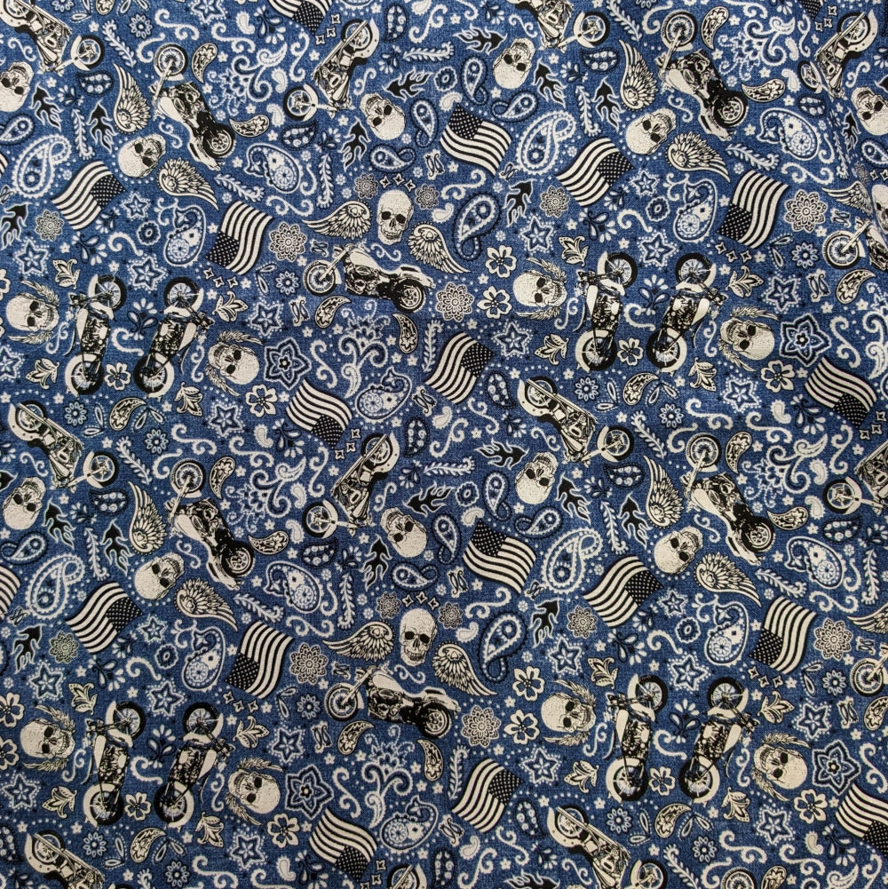 Blue fabric with skulls, motorcycles, paisley, wings, and American flag patterns — used for HD Welding Hats Live To Ride Welding Cap.