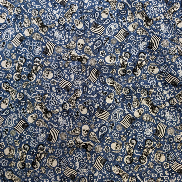 Blue fabric with skulls, motorcycles, paisley, wings, and American flag patterns — used for HD Welding Hats Live To Ride Welding Cap.