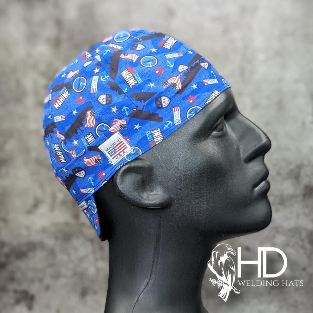 Marine Courage Welding Hat featuring patriotic Marine design on blue cotton, handmade in the USA by HD Welding Hats with FR denim brim.