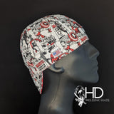 Marvel Sketch Welding Hat with vintage comic heroes in red, black, and white, handmade in the USA by HD Welding Hats with FR denim brim.