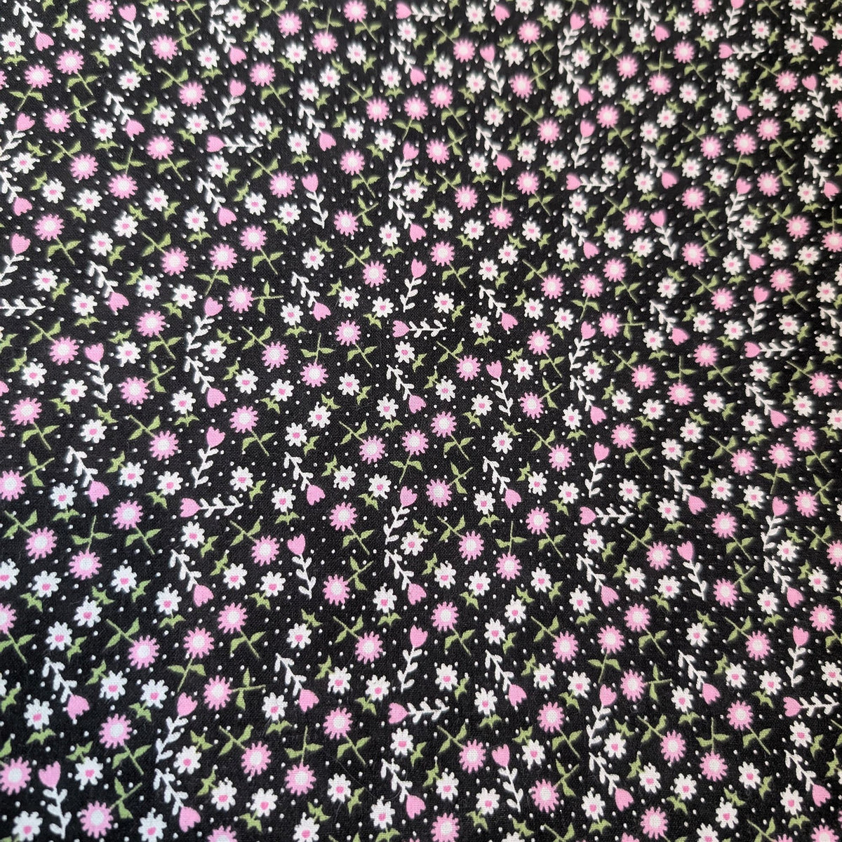 Meadow Welding Cap with pink and white floral print on black cotton, handmade in the USA by HD Welding Hats with FR denim brim.