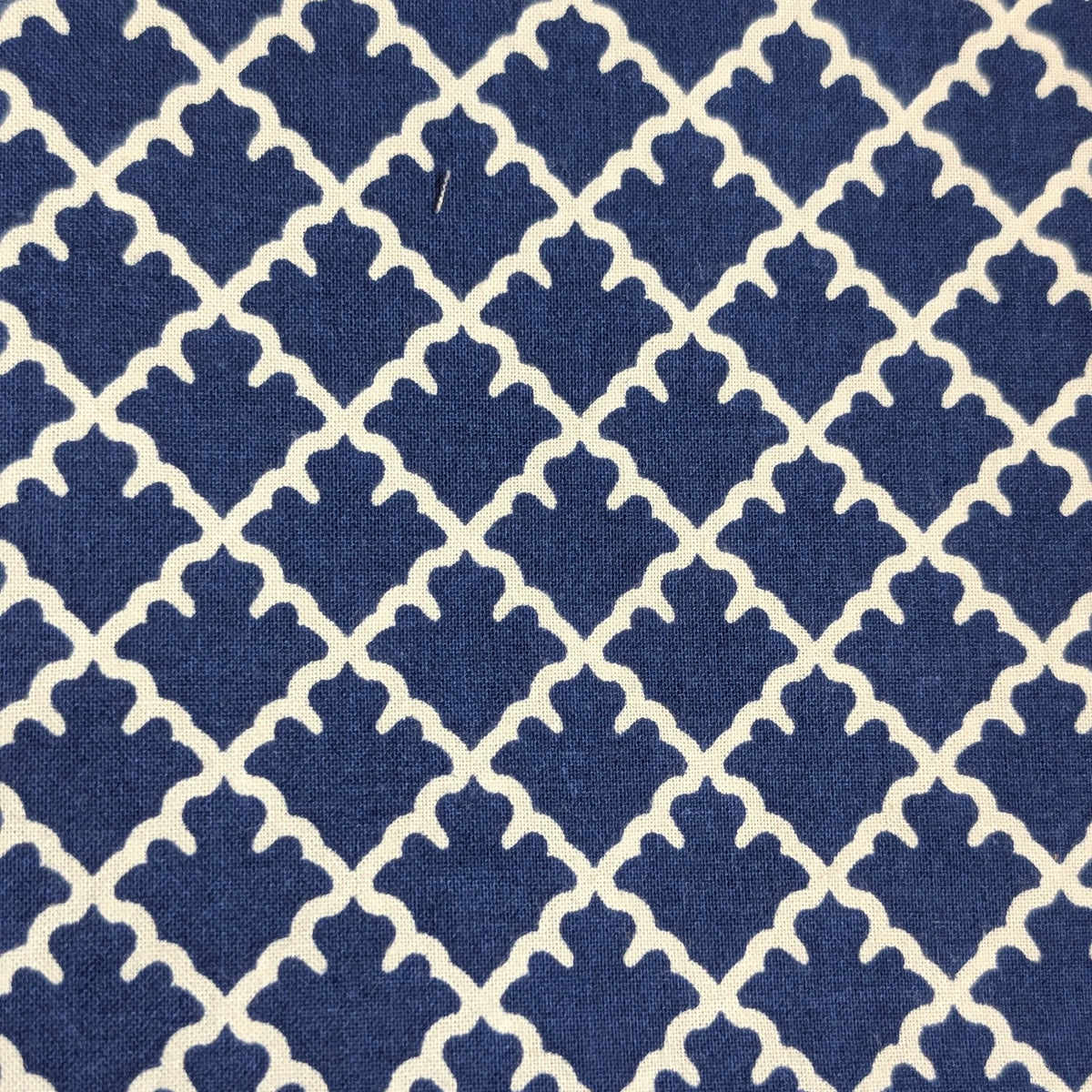 Navy Arrowhead Welding Cap fabric with white arrowhead geometric pattern on navy cotton, handmade in the USA by HD Welding Hats with FR denim brim.