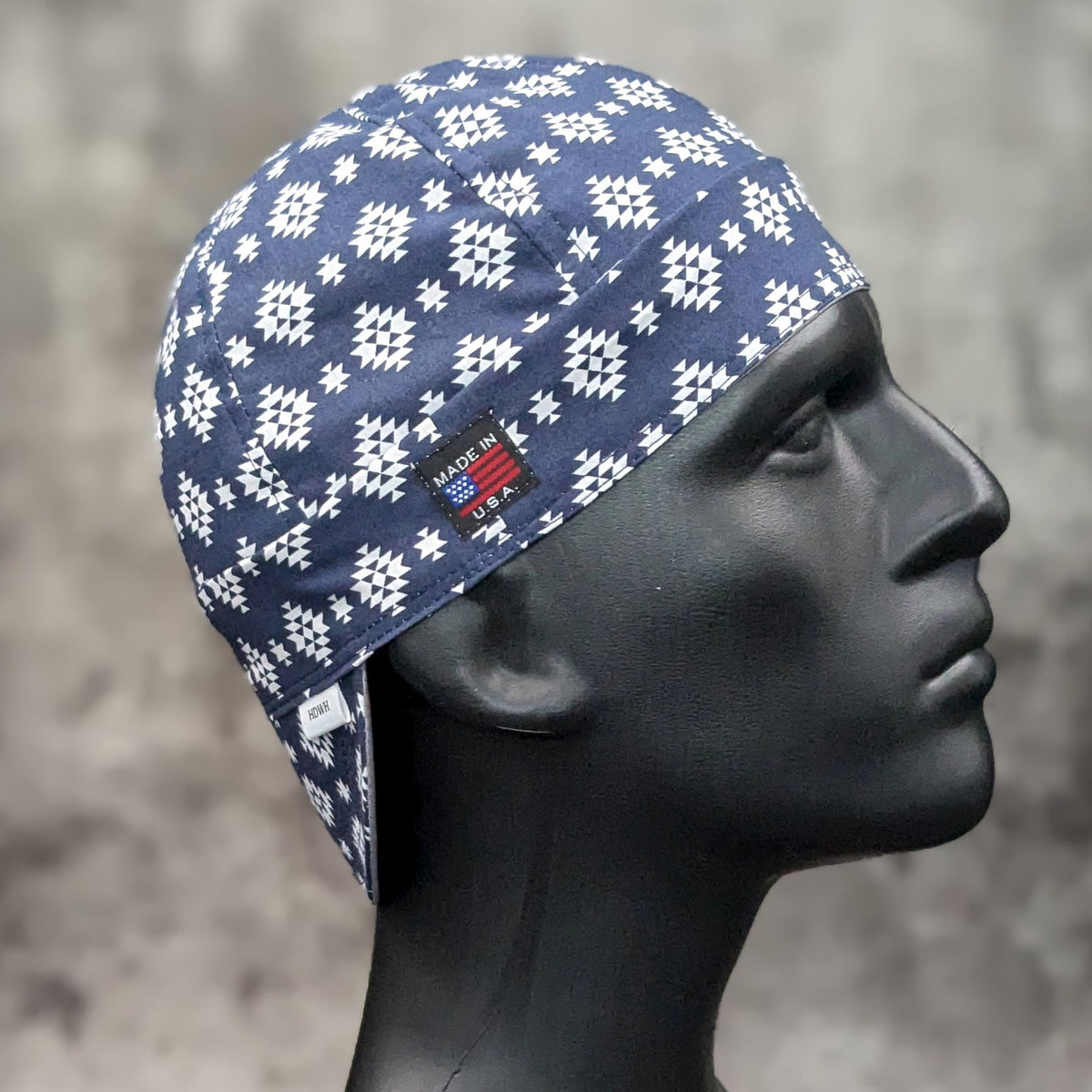 Navy Diamond Welding Cap with white geometric diamond pattern on navy cotton, handmade in the USA by HD Welding Hats with FR denim brim.