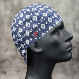 Navy Diamond Welding Cap with white geometric diamond pattern on navy cotton, handmade in the USA by HD Welding Hats with FR denim brim.