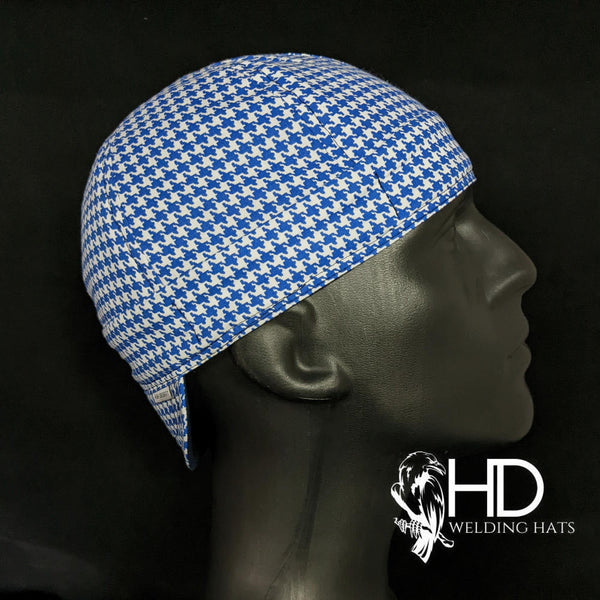Navy Blue Houndstooth Welding Cap with blue and white pattern, handmade in the USA by HD Welding Hats with FR denim brim.