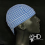 Navy Blue Houndstooth Welding Cap with blue and white pattern, handmade in the USA by HD Welding Hats with FR denim brim.