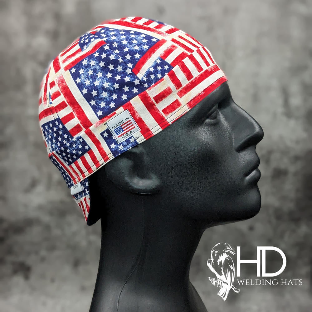 Old Glory Welding Hat featuring red, white, and blue American flag patchwork design, handmade in the USA by HD Welding Hats with FR denim brim.