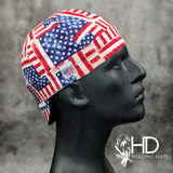 Old Glory Welding Hat featuring red, white, and blue American flag patchwork design, handmade in the USA by HD Welding Hats with FR denim brim.