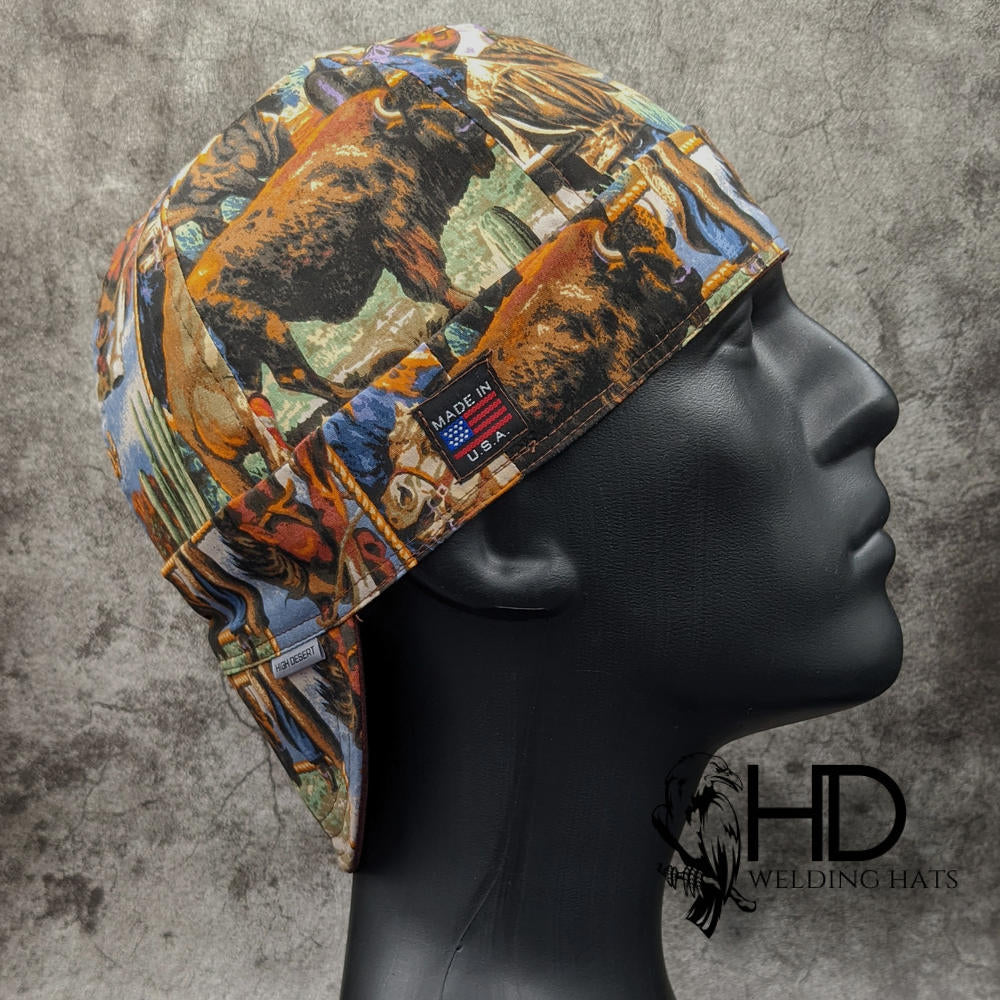 Open Range Welding Cap featuring bison and cowboy western print on cotton, handmade in the USA by HD Welding Hats with FR denim brim.