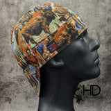 Open Range Welding Cap featuring bison and cowboy western print on cotton, handmade in the USA by HD Welding Hats with FR denim brim.