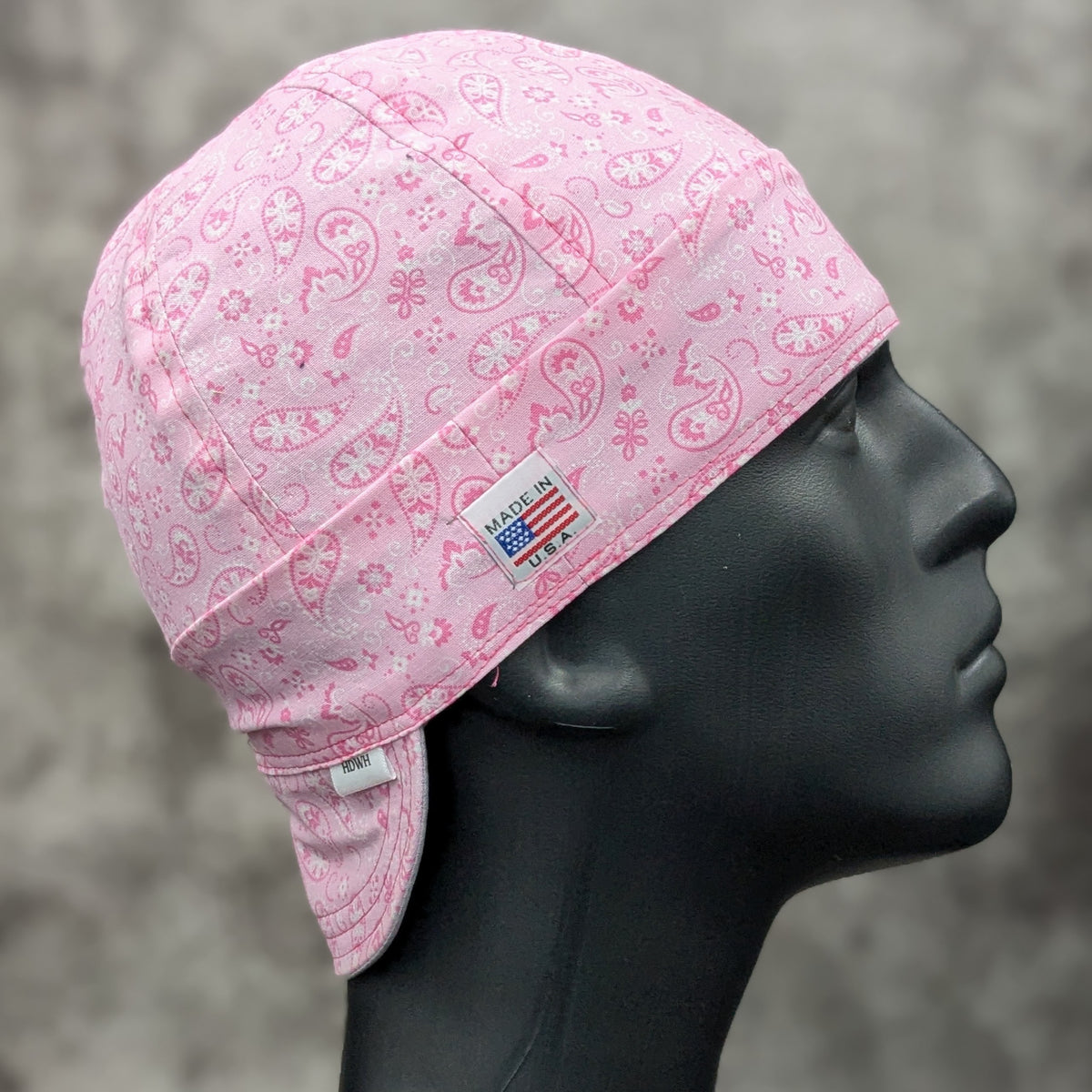 HD Welding Hats Pink Paisley Bandanna Welding Cap – light pink with white paisley print, handmade in the USA.