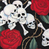 HD Welding Hats Skulls & Roses Welding Cap – black cotton with white skulls and red roses design, handmade in the USA with FR denim brim.