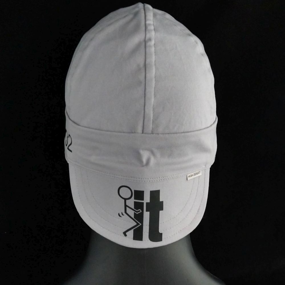 F It Welding Cap with stick figure “F It” vinyl design on brim, made from solid cotton fabric with FR denim brim, handcrafted by HD Welding Hats.