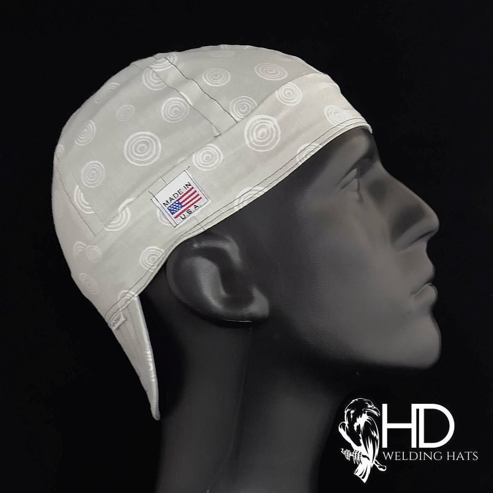Gray Circles Welding Cap featuring light gray cotton fabric with white circular patterns, handmade by HD Welding Hats with FR denim brim.