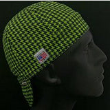 Green and black houndstooth welding hat made from preshrunk cotton, handcrafted by HD Welding Hats with FR denim brim, Made in the USA.